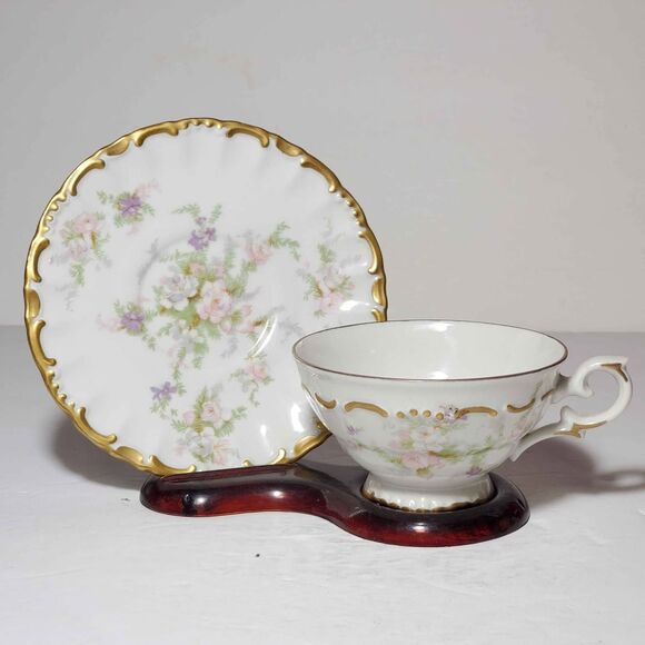 Golden Crown Teacup and Saucer Pink Purple Flowers Western Germany Vintage - Picture 3 of 10